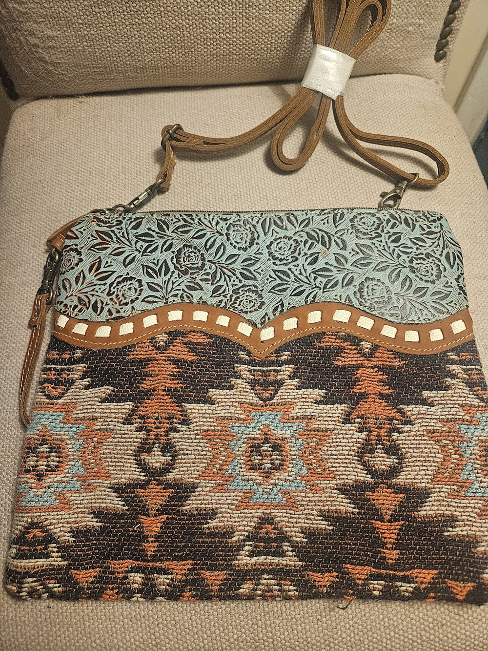 NWT Myra Turquoise Leather and Brown Floral Tooled Southwestern Crossbody Bag